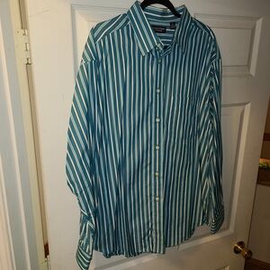 Roundtree & Yorke Teal and White Striped Shirt Size XL